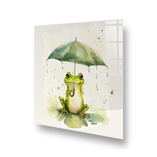 Mister Frogs Wet Waltz is a green frog under an umbrella kitchen splashback Side View